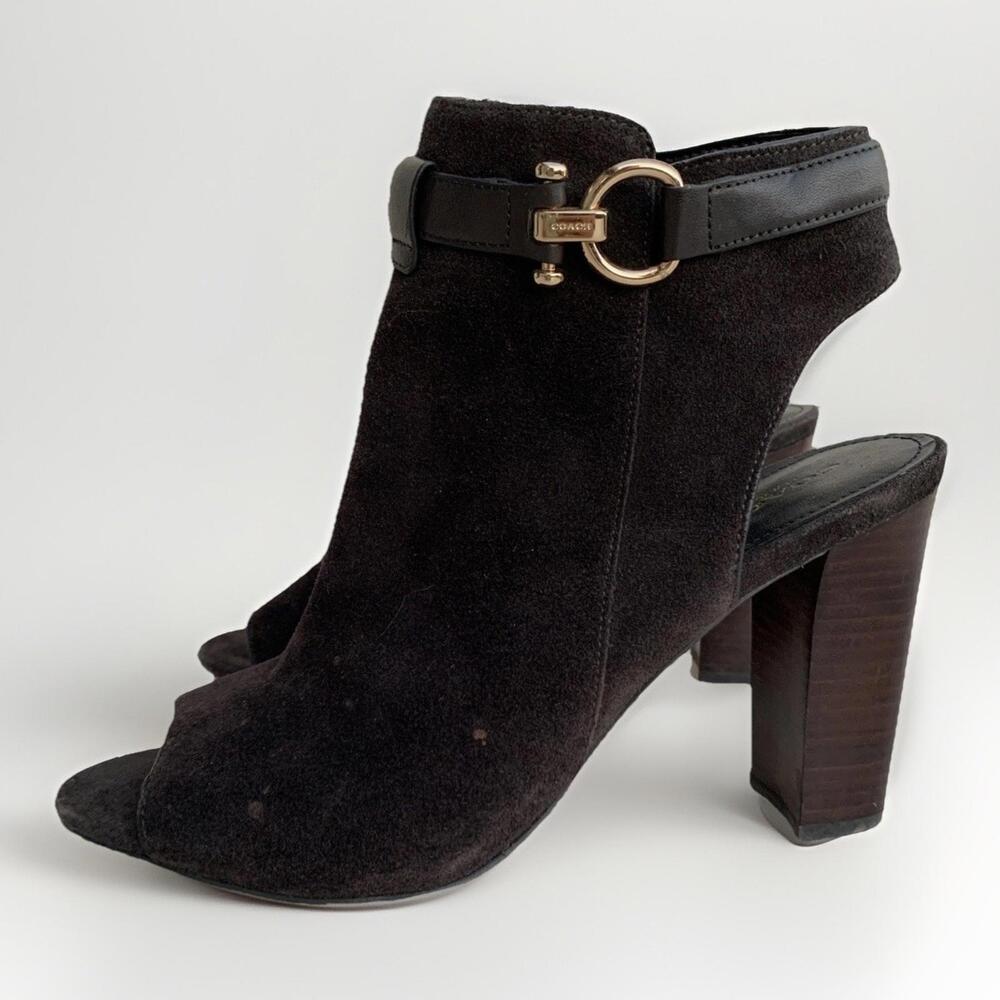 Coach Lafayette Women’s Sz 10 Heels Brown  Leather Suede Open Toe Stacked Heel